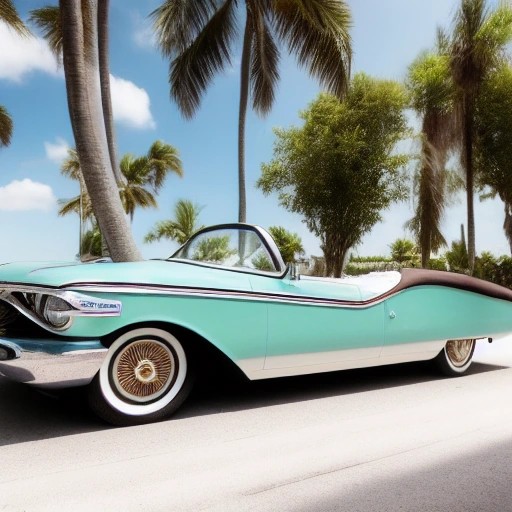 Classic full-size American convertible on a palm-lined road