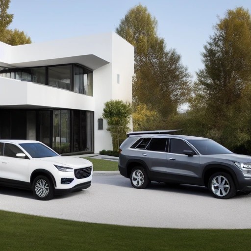 Three-row family crossover SUVs parked in a suburban driveway
