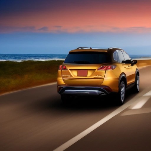 Premium SUV cruising smoothly on a coastal highway at sunset